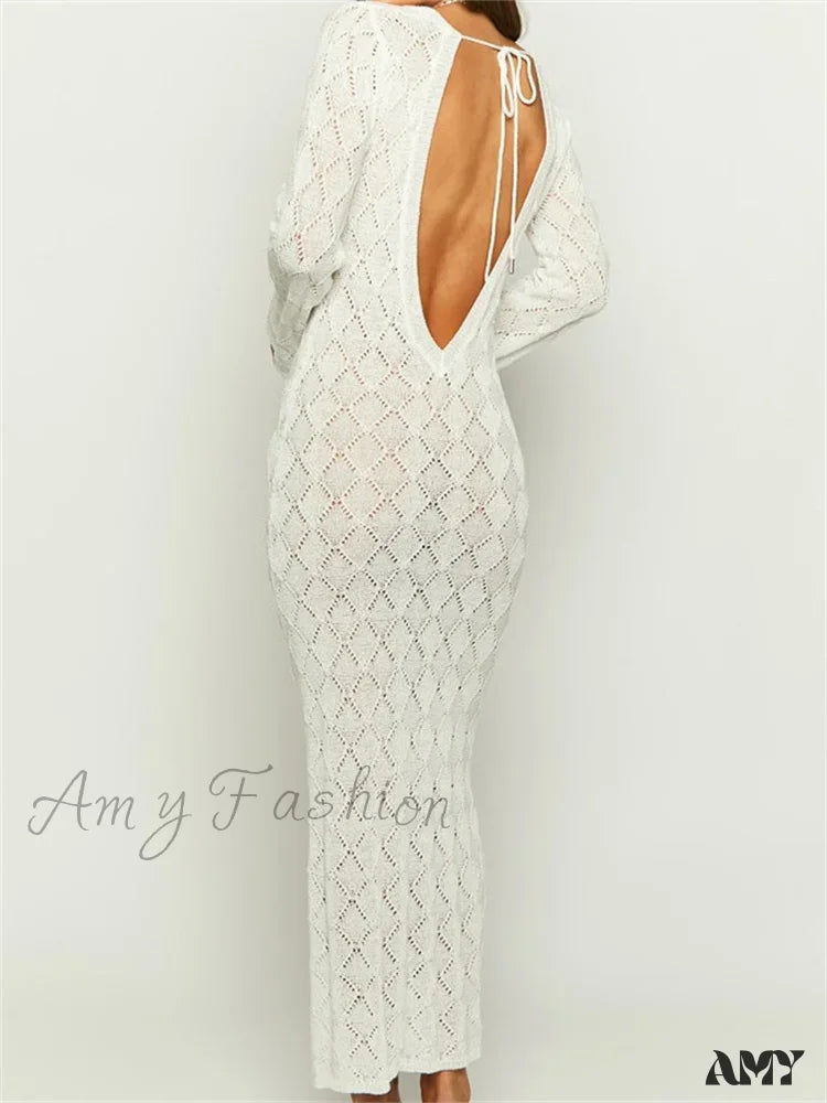 Amy Fashion - Women Crochet Knitted Sleeve Hollow Out V-Neck Backless Lace-Up Beach Cover Ups