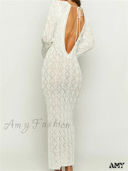Amy Fashion - Women Crochet Knitted Sleeve Hollow Out V-Neck Backless Lace-Up Beach Cover Ups