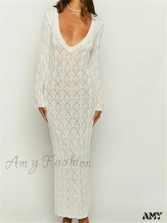 Amy Fashion - Women Crochet Knitted Sleeve Hollow Out V-Neck Backless Lace-Up Beach Cover Ups