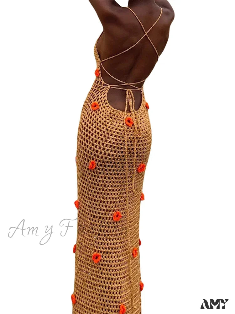 Amy Fashion - Women Crochet Knitted Sleeveless Spaghetti Strap High Split Summer Beach 3D Flower