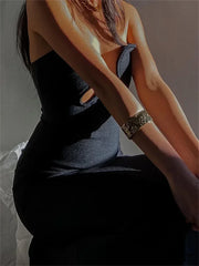 Amy Fashion - Women Elegant Low Cut Black Solid Sleeveless Satrpless Off Shoulder Push Up High