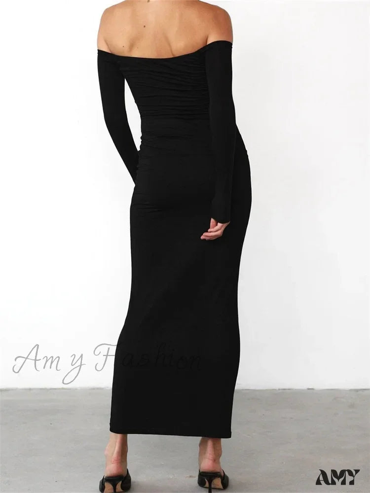 Amy Fashion - Women Elegant Slash Neck Off-Shoulder Solid Color Slim Fit Fall Cocktail Party Female