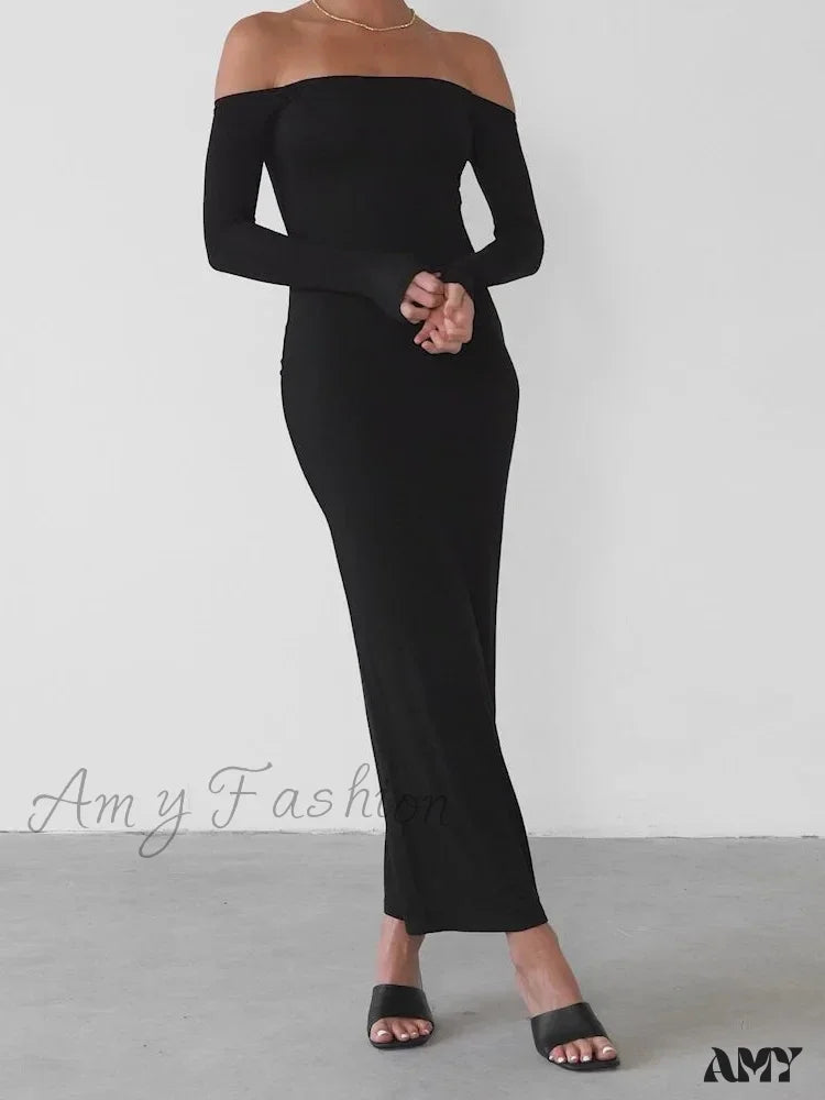 Amy Fashion - Women Elegant Slash Neck Off-Shoulder Solid Color Slim Fit Fall Cocktail Party Female