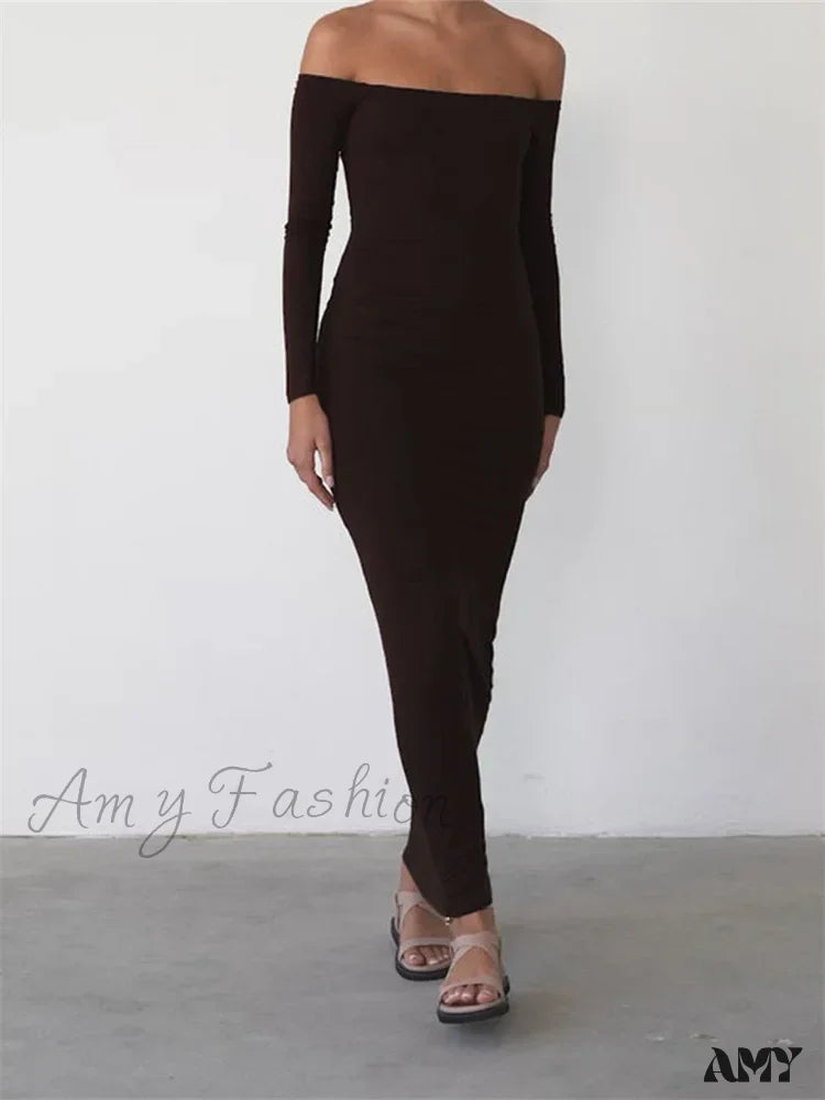 Amy Fashion - Women Elegant Slash Neck Off-Shoulder Solid Color Slim Fit Fall Cocktail Party Female