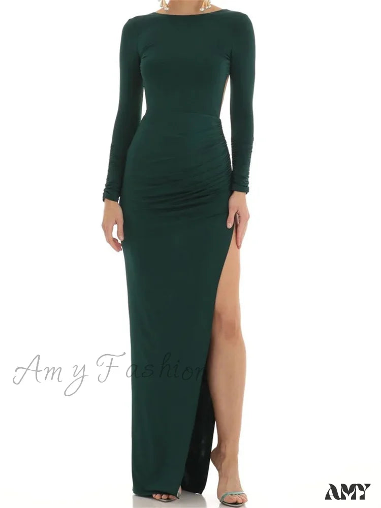 Amy Fashion - Women Evening Party Solid Sleeve Cutout Backless Tie-Up High Split Slim Formal Female