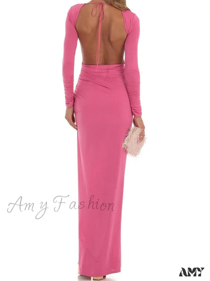 Amy Fashion - Women Evening Party Solid Sleeve Cutout Backless Tie-Up High Split Slim Formal Female