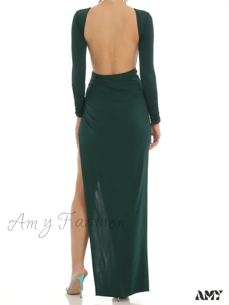 Amy Fashion - Women Evening Party Solid Sleeve Cutout Backless Tie-Up High Split Slim Formal Female