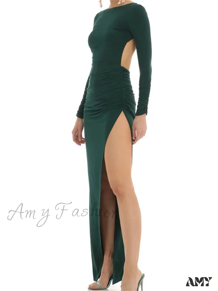 Amy Fashion - Women Evening Party Solid Sleeve Cutout Backless Tie-Up High Split Slim Formal Female