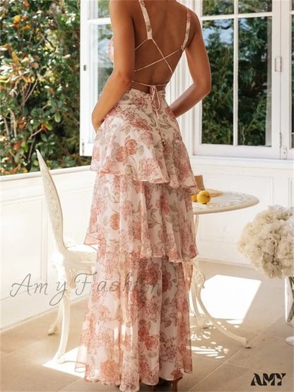 Amy Fashion - Women Floral Print Sleeveless Deep V Neck Tiered Ruffles Hem Spring Summer Backless