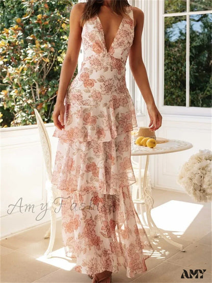 Amy Fashion - Women Floral Print Sleeveless Deep V Neck Tiered Ruffles Hem Spring Summer Backless