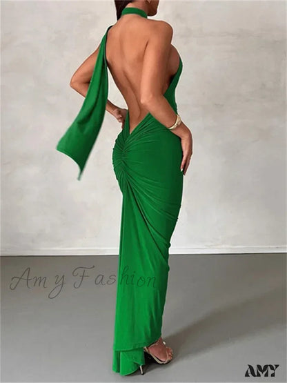 Amy Fashion - Women Halter Lace-Up Sleeveless Off Shoulder Backless Ruched Party Club Solid Color