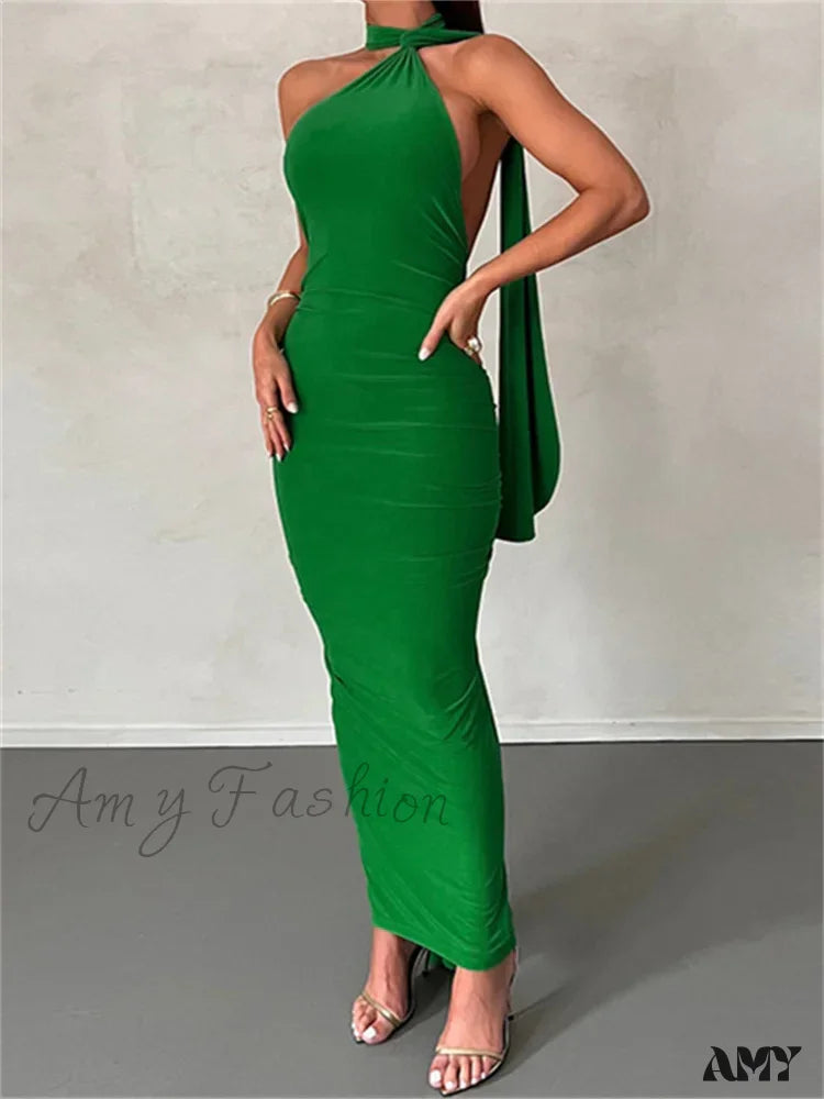 Amy Fashion - Women Halter Lace-Up Sleeveless Off Shoulder Backless Ruched Party Club Solid Color