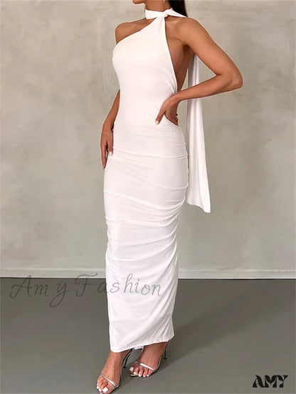 Amy Fashion - Women Halter Lace-Up Sleeveless Off Shoulder Backless Ruched Party Club Solid Color