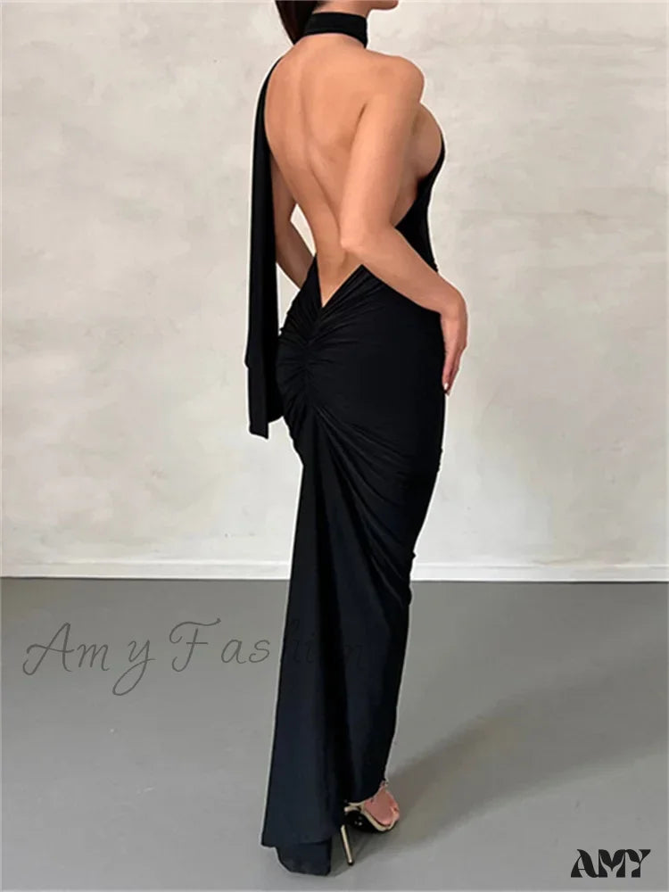 Amy Fashion - Women Halter Lace-Up Sleeveless Off Shoulder Backless Ruched Party Club Solid Color