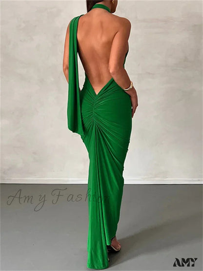 Amy Fashion - Women Halter Lace-Up Sleeveless Off Shoulder Backless Ruched Party Club Solid Color