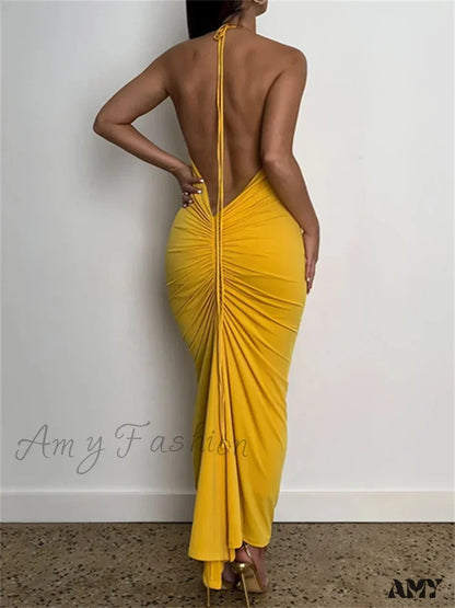 Amy Fashion - Women Halter Tie-Up Backless Slim Fit Solid Ruched Summer Party Sleeveless Off