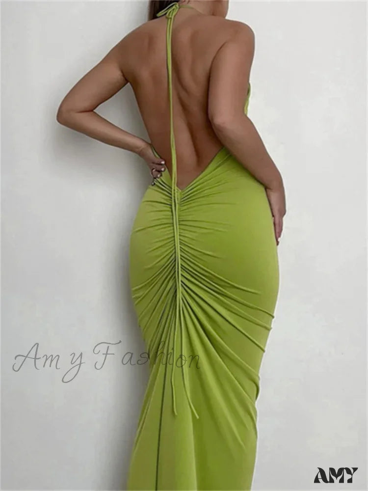 Amy Fashion - Women Halter Tie-Up Backless Slim Fit Solid Ruched Summer Party Sleeveless Off