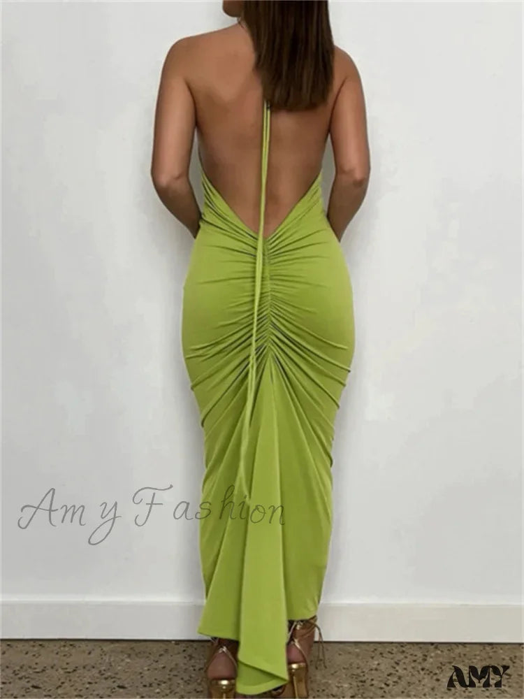 Amy Fashion - Women Halter Tie-Up Backless Slim Fit Solid Ruched Summer Party Sleeveless Off