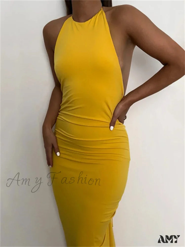 Amy Fashion - Women Halter Tie-Up Backless Slim Fit Solid Ruched Summer Party Sleeveless Off