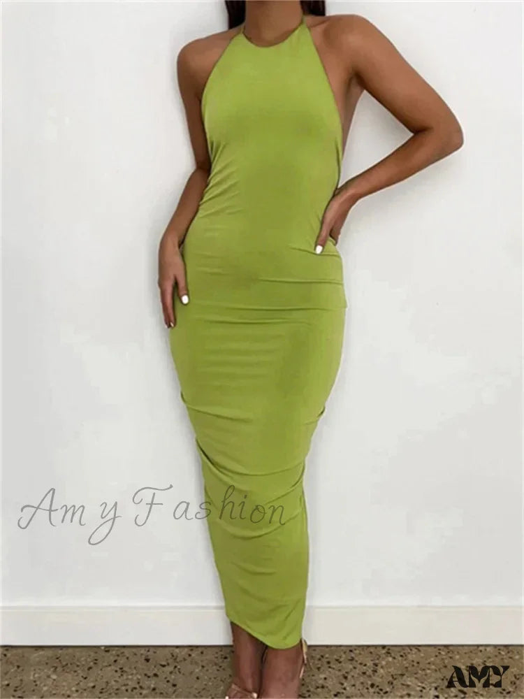 Amy Fashion - Women Halter Tie-Up Backless Slim Fit Solid Ruched Summer Party Sleeveless Off