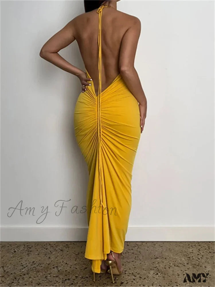 Amy Fashion - Women Halter Tie-Up Backless Slim Fit Solid Ruched Summer Party Sleeveless Off