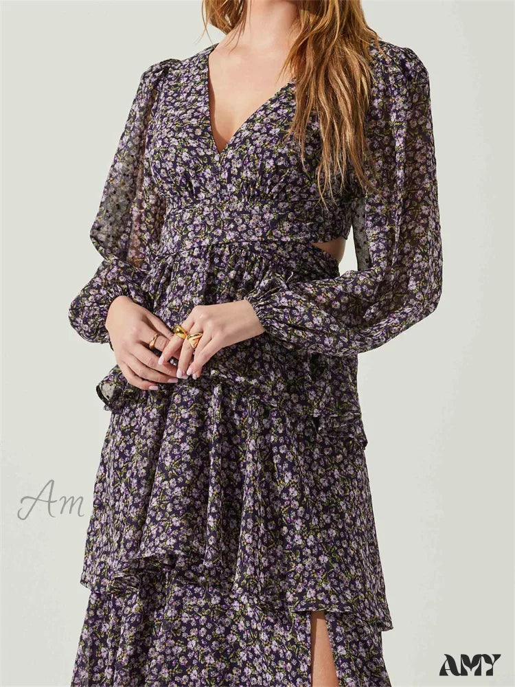 Amy Fashion - Women High Split Floral Print Puff Sleeve V Neck Layered Ruffles Hem Spring Fall