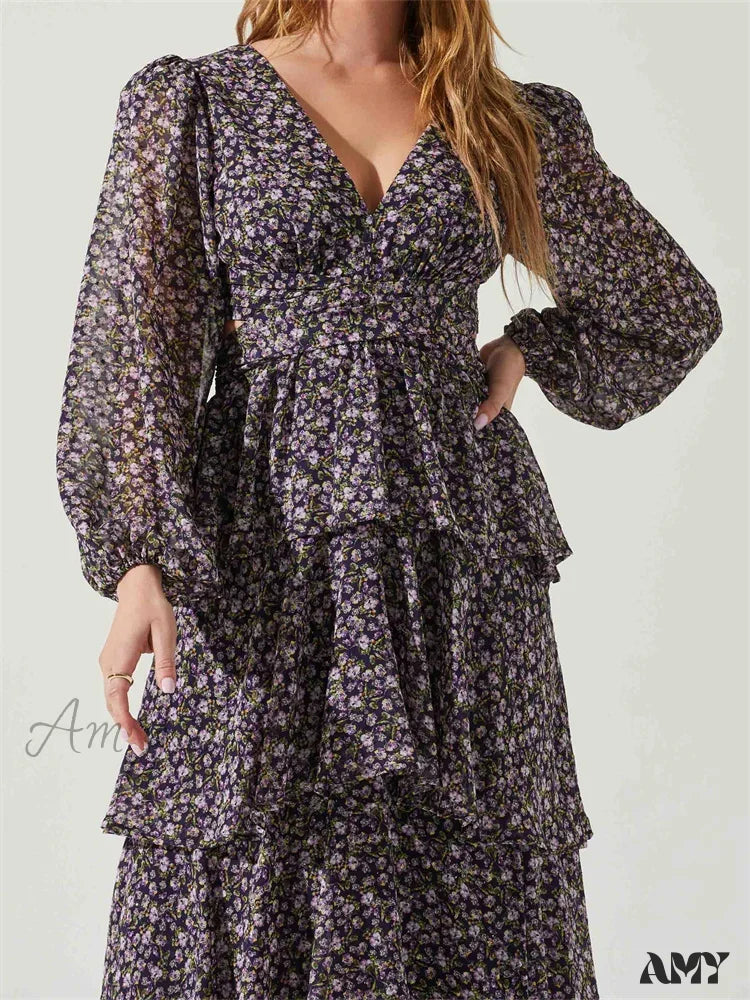 Amy Fashion - Women High Split Floral Print Puff Sleeve V Neck Layered Ruffles Hem Spring Fall