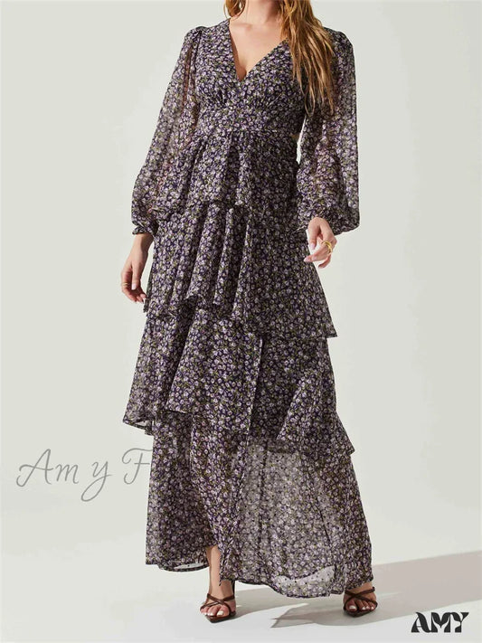 Amy Fashion - Women High Split Floral Print Puff Sleeve V Neck Layered Ruffles Hem Spring Fall