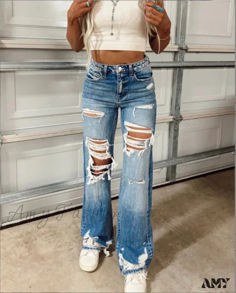 Amy Fashion - Women High Waist Loose Casual Ripped Hole Straight Pants 2024 Autumn New Drop