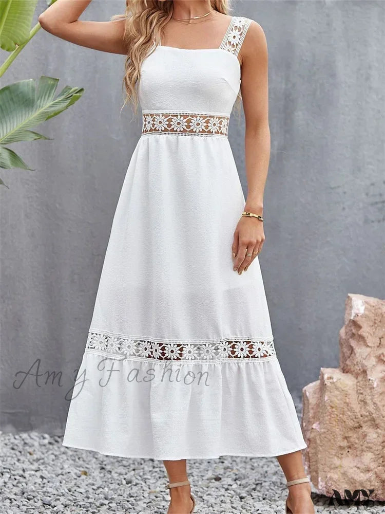 Amy Fashion - Women Hollow Out Lace Floral Patchwork Square Neck Sleeveless Party Beach Club Summer