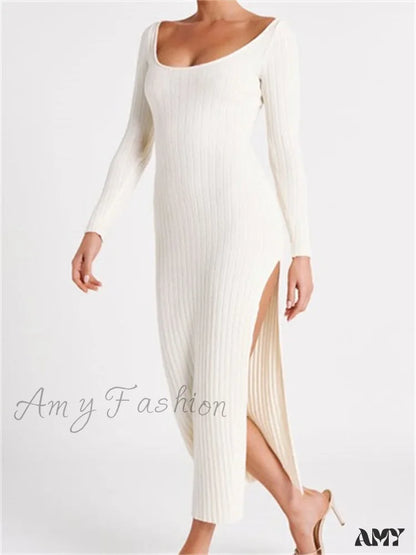 Amy Fashion - Women Knitted Bodycon Solid Color Ribbed Round Neck Sleeve Side Split Spring Fall