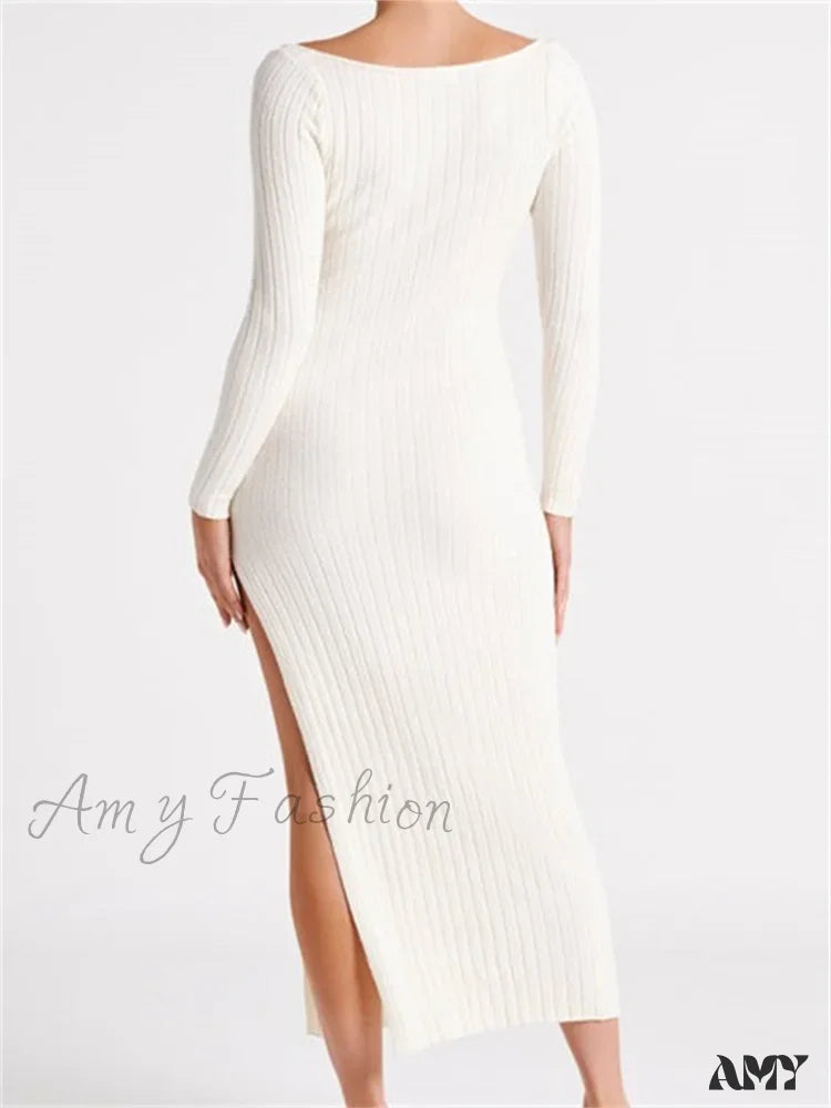 Amy Fashion - Women Knitted Bodycon Solid Color Ribbed Round Neck Sleeve Side Split Spring Fall