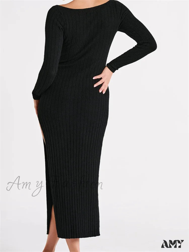 Amy Fashion - Women Knitted Bodycon Solid Color Ribbed Round Neck Sleeve Side Split Spring Fall