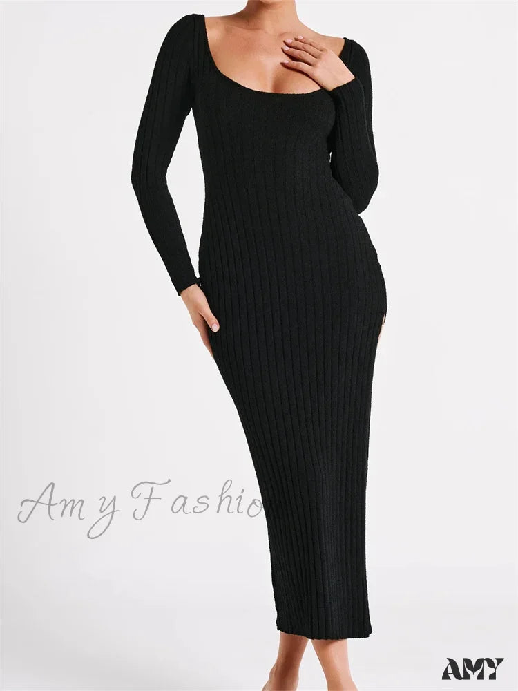 Amy Fashion - Women Knitted Bodycon Solid Color Ribbed Round Neck Sleeve Side Split Spring Fall