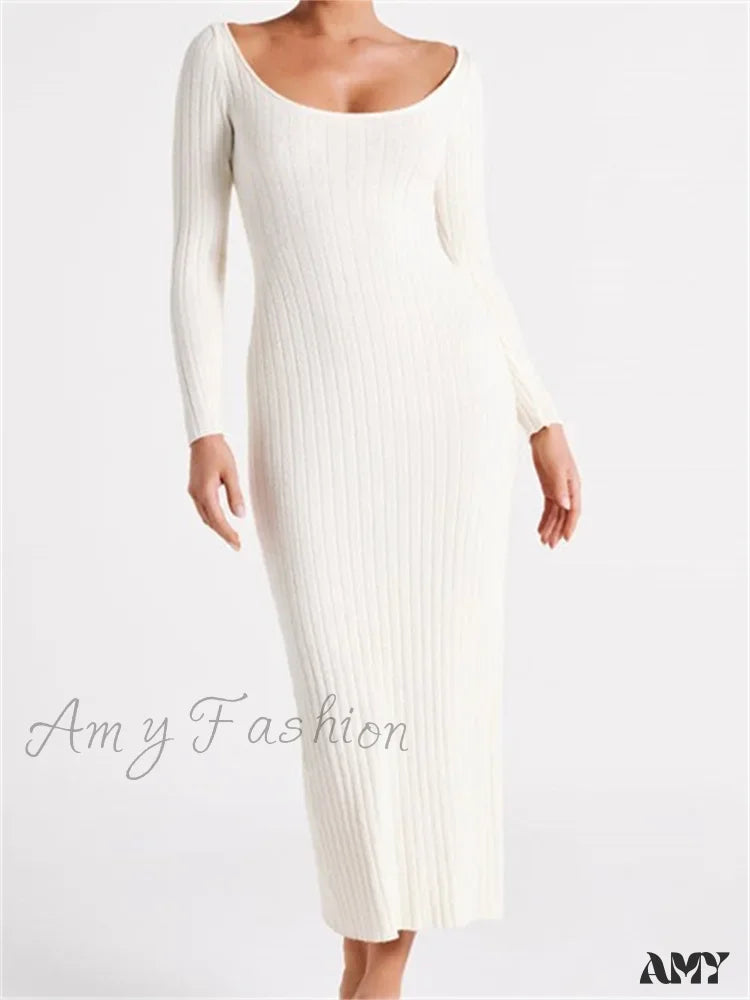 Amy Fashion - Women Knitted Bodycon Solid Color Ribbed Round Neck Sleeve Side Split Spring Fall