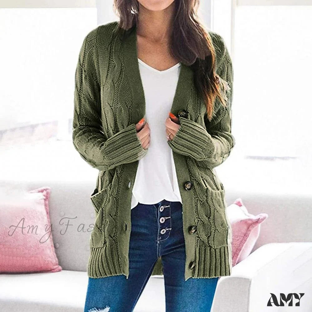 Amy Fashion - Women Knitted Cardigan Pockets Button Sweater Coat