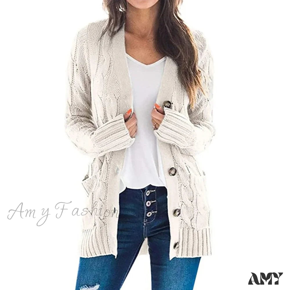 Amy Fashion - Women Knitted Cardigan Pockets Button Sweater Coat Beige / S