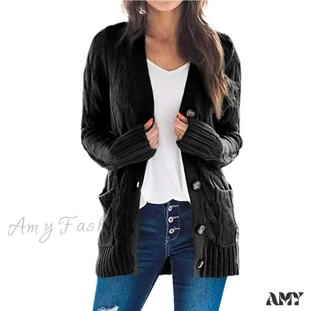 Amy Fashion - Women Knitted Cardigan Pockets Button Sweater Coat Black / S