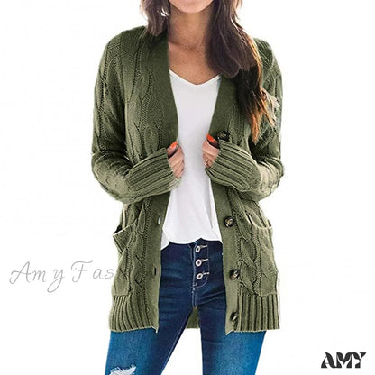 Amy Fashion - Women Knitted Cardigan Pockets Button Sweater Coat Green / S