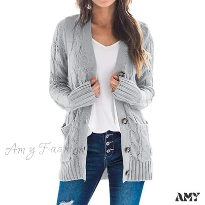 Amy Fashion - Women Knitted Cardigan Pockets Button Sweater Coat Grey / S