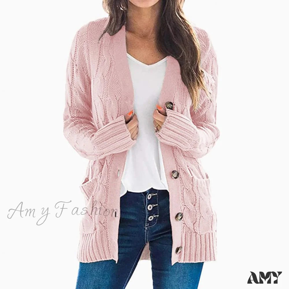 Amy Fashion - Women Knitted Cardigan Pockets Button Sweater Coat Pink / S