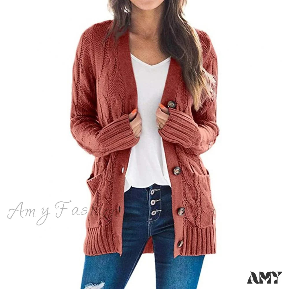 Amy Fashion - Women Knitted Cardigan Pockets Button Sweater Coat Red / S