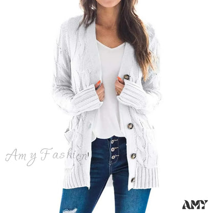 Amy Fashion - Women Knitted Cardigan Pockets Button Sweater Coat White / S