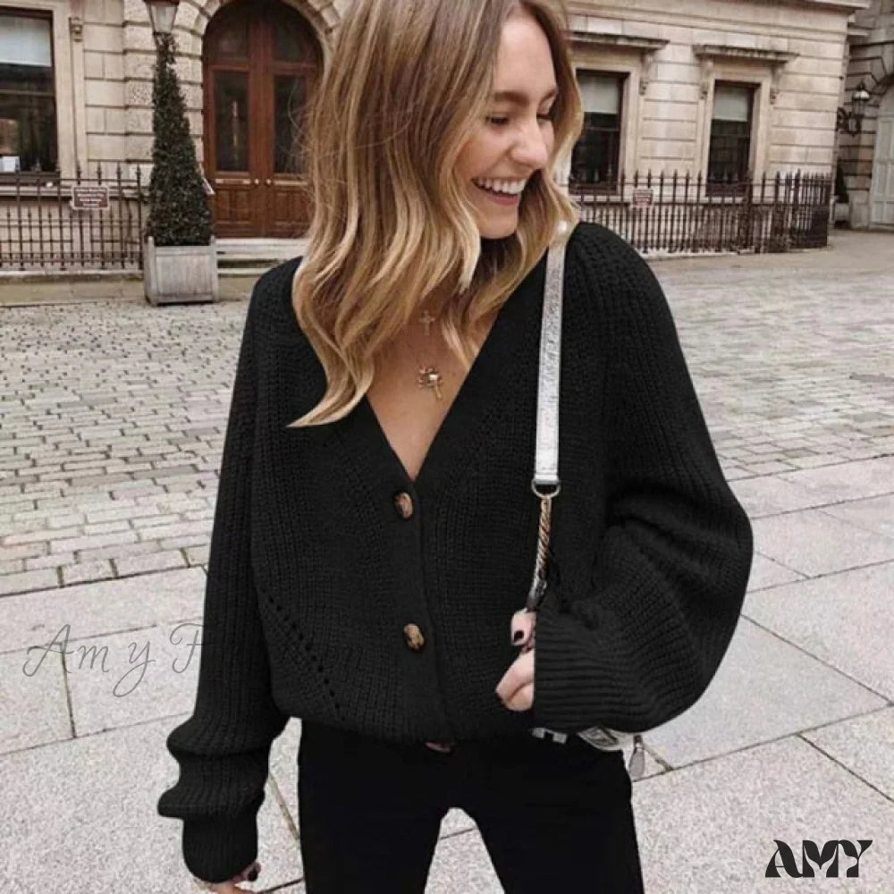 Amy Fashion - Women Knitted Cardigans Sweater One Size / Black