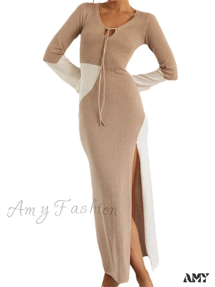 Amy Fashion - Women Knitted Contrast Color Tie-Up V-Neck Sleeve Side High Split Slim Fall Spring