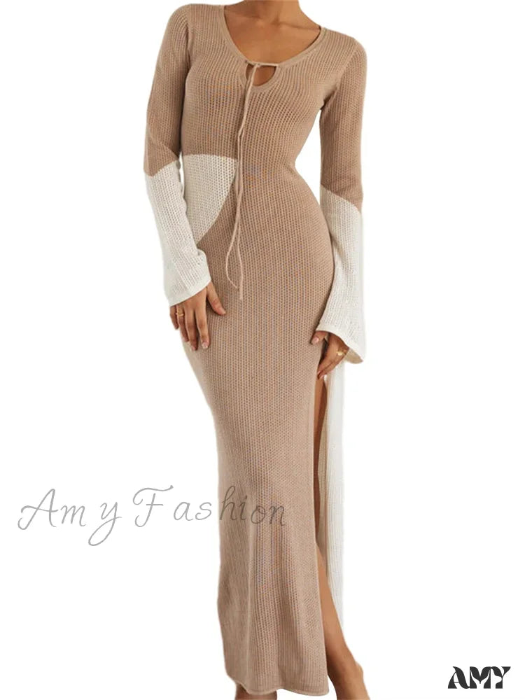 Amy Fashion - Women Knitted Contrast Color Tie-Up V-Neck Sleeve Side High Split Slim Fall Spring