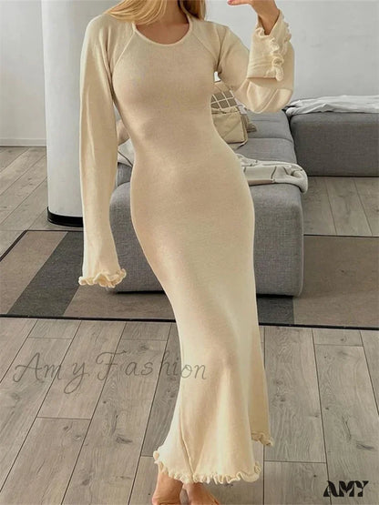 Amy Fashion - Women Knitted Flare Sleeve Backless Tie-Up Round Neck Solid Color Ruffles Hem