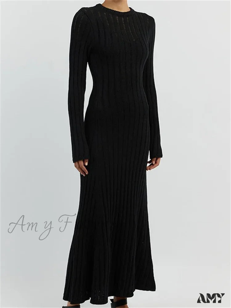 Amy Fashion - Women Knitted Ribbed Casual Spring Autumn Sleeve Party Beach Cocktail Club Vestidos