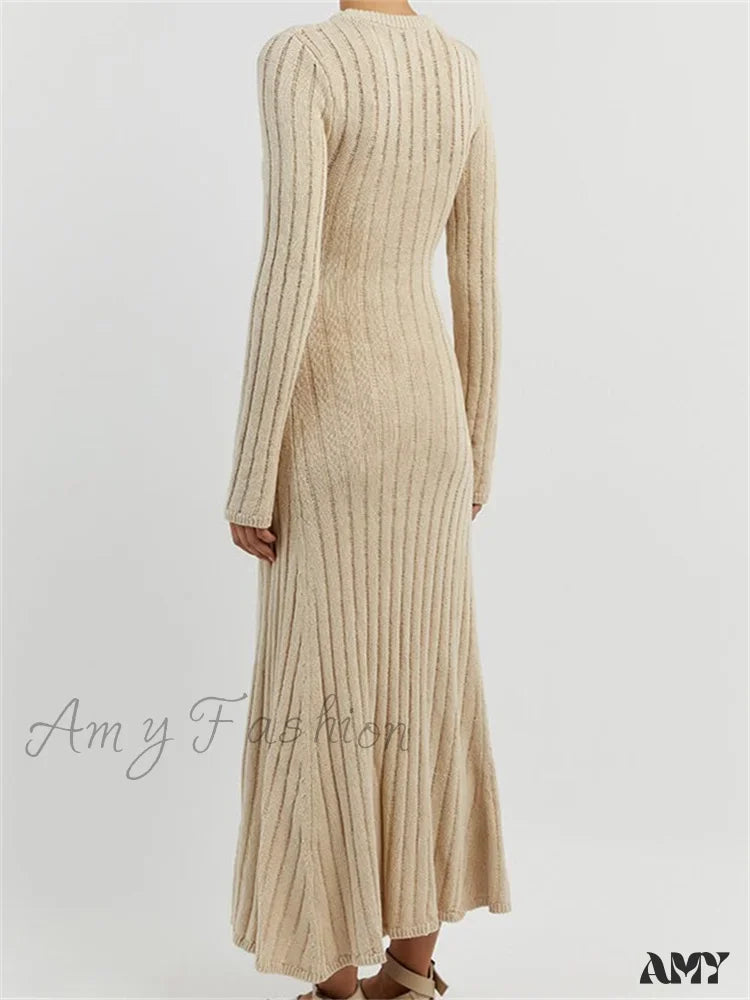 Amy Fashion - Women Knitted Ribbed Casual Spring Autumn Sleeve Party Beach Cocktail Club Vestidos