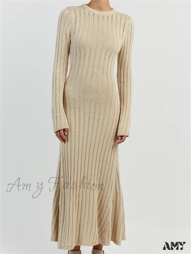 Amy Fashion - Women Knitted Ribbed Casual Spring Autumn Sleeve Party Beach Cocktail Club Vestidos